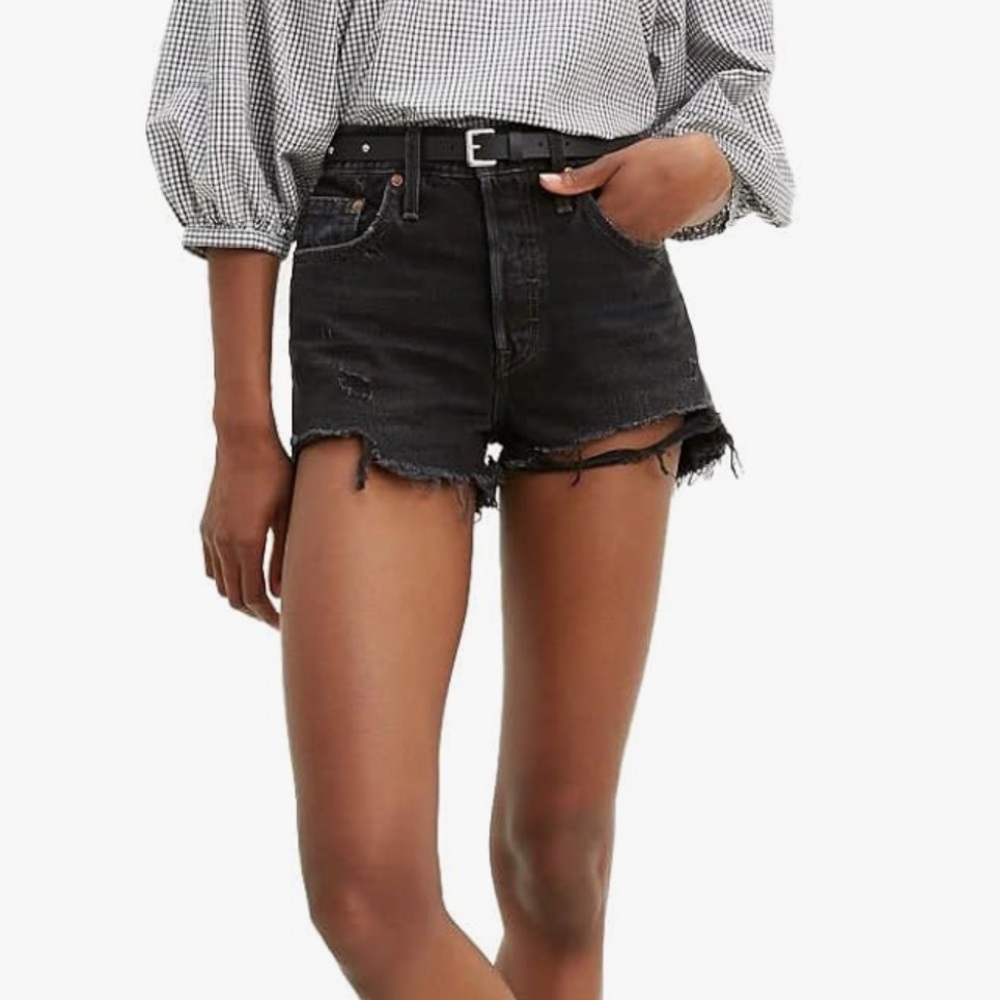 Levi’s 501 premium distressed festival black button fly shorts 27